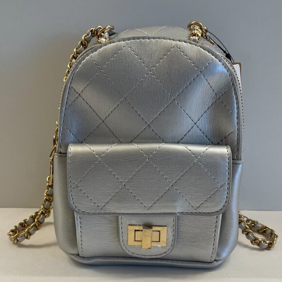 Quilted Puffer Backpack in Shiny Silver with Gold Rope Straps - NWT - Picture 5 of 9